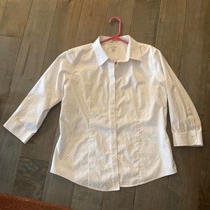 L.L. Bean Long Sleeved navy and white wrinkle free blouse.